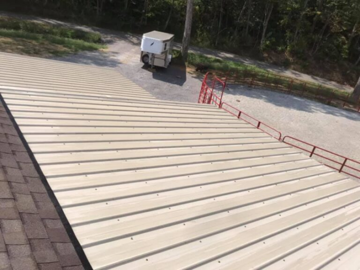 The view from a roof highlights beige metal sheets, a red railing, and a gravel path with a parked vehicle amid the wooded area. For pristine views and upkeep, consider professional roof cleaners to maintain the beauty of such spaces.