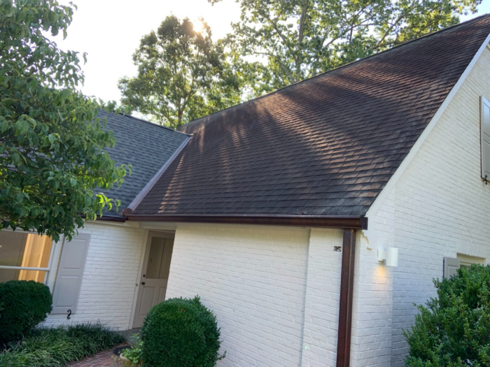 A white brick house with a steep, shingled roof benefits from regular roof maintenance in Knoxville. Sunlight filters through trees, casting shadows on the well-kept roof. Shrubs line the front of this charming home.
